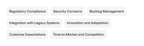 Common Challenges in the Banking Product Development Process : Regulatory Compliance, Security Concerns, Integration with Legacy Systems, Innovation and Adaptation, Customer Expectations, Time-to-Market and Competition, Backlog Management