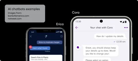 AI chatbots examples: Cora from NatWest and Bank of America’s Erica ; mobile app screenshots