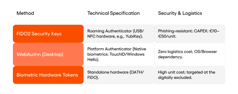 able listing FIDO2 Keys, WebAuthn, and Biometric Tokens with their technical specs and costs.